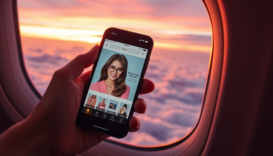 Inflight shopping mall on smartphone in airplane with sunset view.