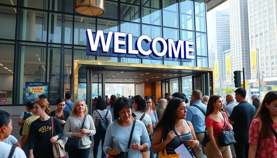 Travel news event entrance with vibrant signage and crowd.