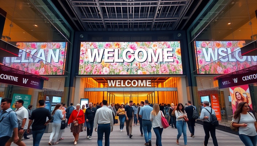 Travel news US: People entering a convention center with a vibrant welcome sign.