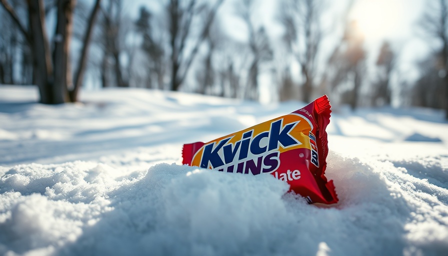 Kvikk Lunsj chocolate in snowy winter sunlight with tree backdrop.