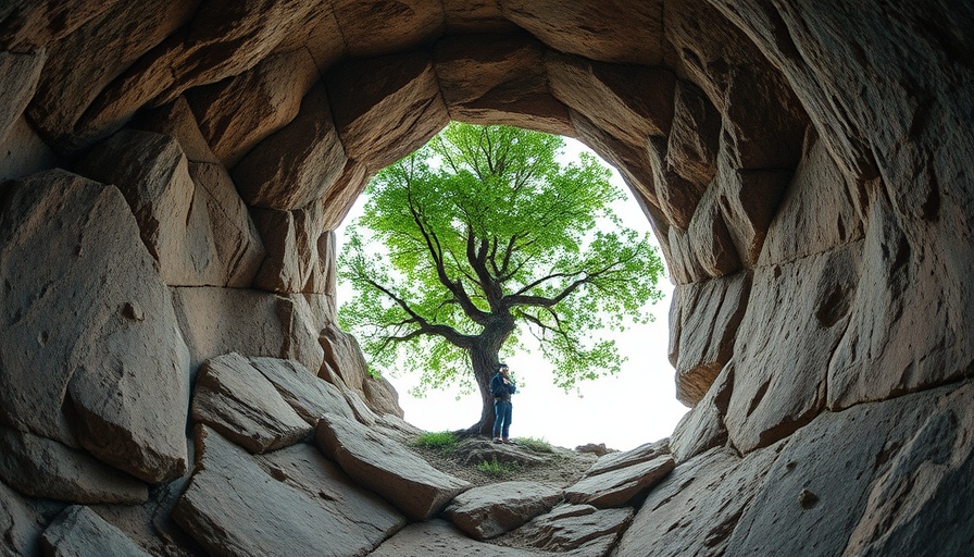 Solitary figure in a rock opening with tree, representing nature's resilience.