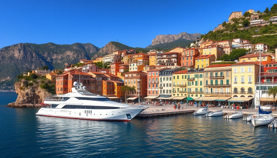 Scenic coastal town in France with colorful buildings and docked yacht