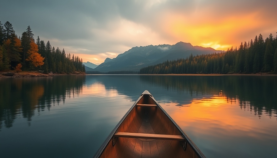 Canoe on a tranquil lake at sunset for leaf-peeping.