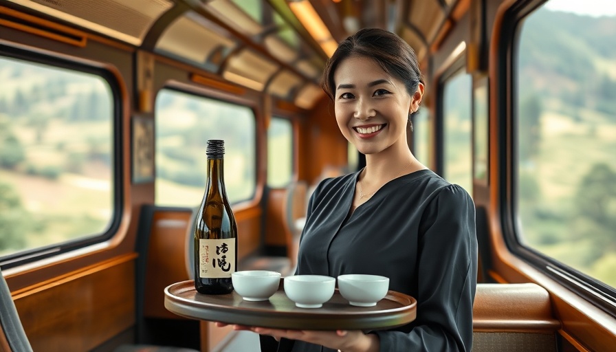 Smiling hostess offering sake on sake train adventure, scenic journey.
