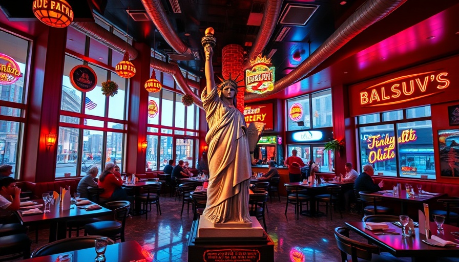Vibrant dining area with Statue of Liberty replica, family adventure at Margaritaville Times Square.