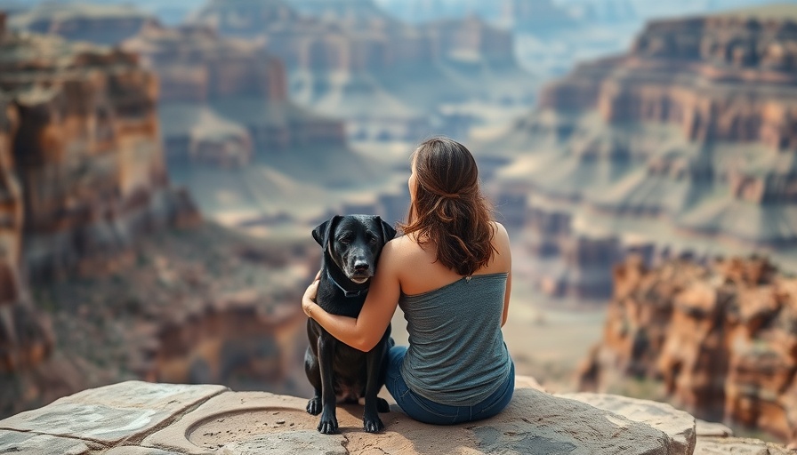 Emotional support dog with traveler overlooking a canyon.