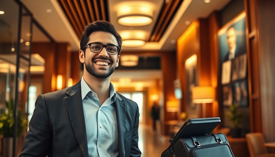 Business traveler at hotel lobby desk in cozy environment.