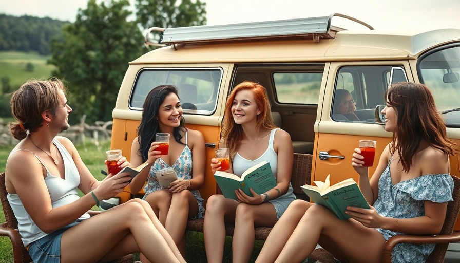 Casual outdoor gathering of friends discussing books and travel.