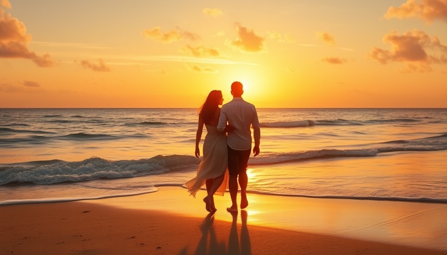 Romantic beach walk at sunset, ideal for vacations.