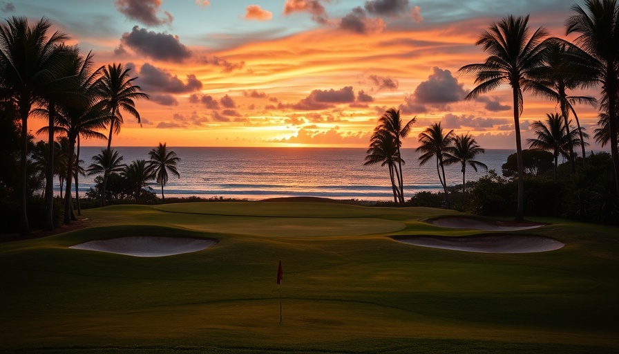 Serene golf course at sunset by the ocean, perfect travel destination.