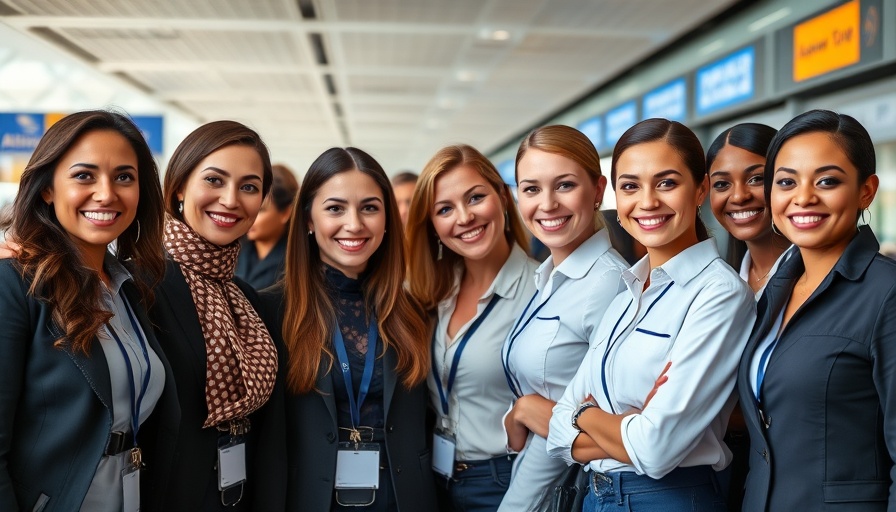 Diverse women in aviation group at airport terminal.