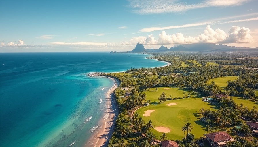 Aerial view of tropical golf course at Four Seasons Resort Mauritius.
