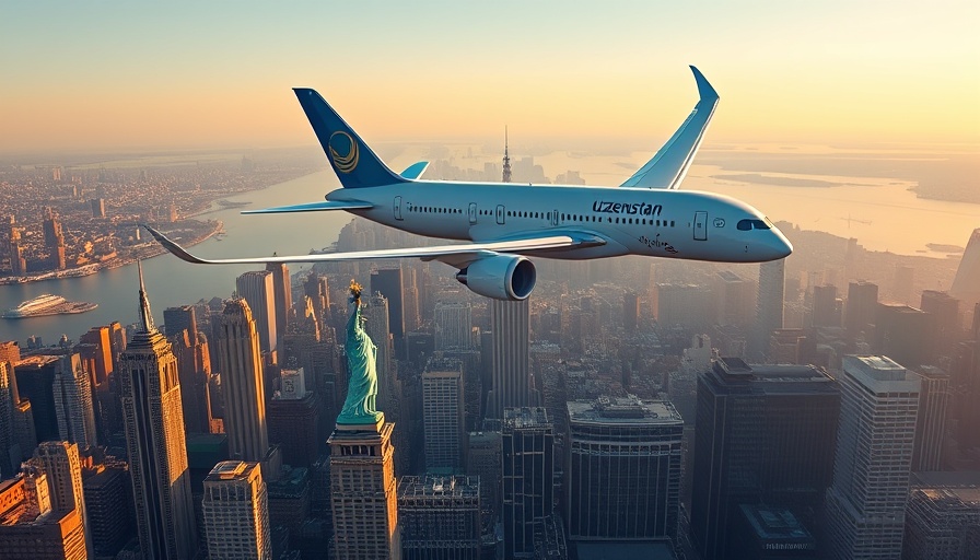Boeing 787 Dreamliner of Uzbekistan Airways flying over New York Statue of Liberty.