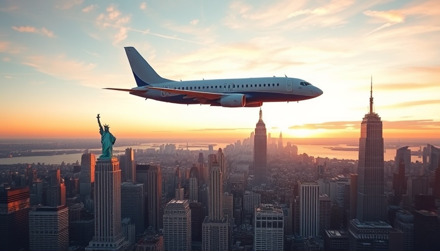 Travel news: Plane over Statue of Liberty and NYC skyline at sunset.