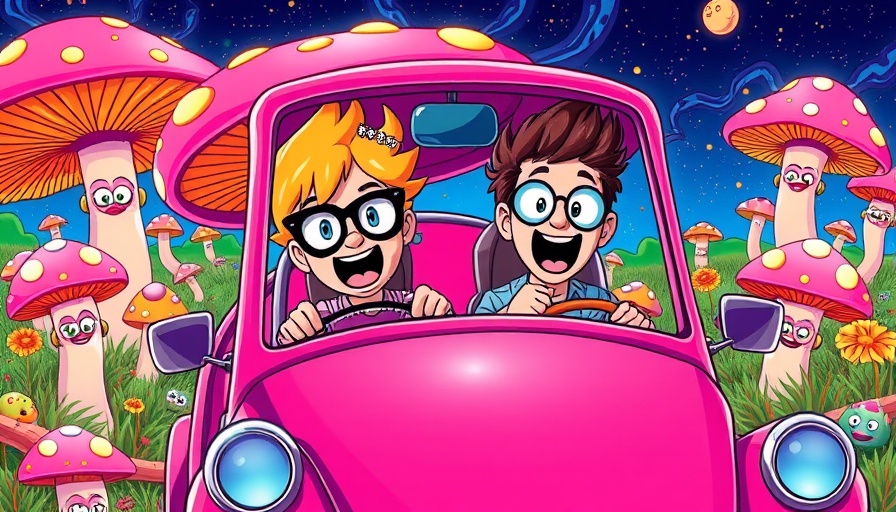 Whimsical cartoon of characters driving a car at cultural events today.