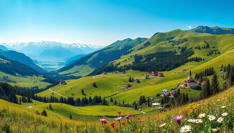 Choosing a travel destination: idyllic valley landscape with mountains.