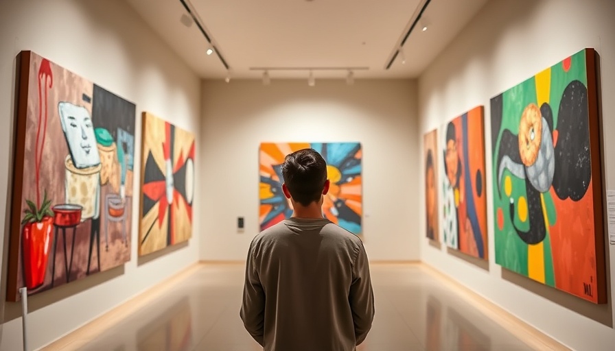 Visitor admiring colorful abstract art in Palma de Mallorca gallery