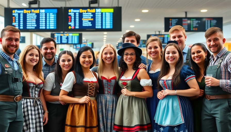 Travel news group in Bavarian costumes at airport.