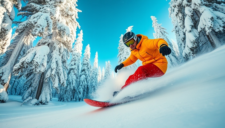 Dynamic snowboarder carving through snow in a snowy forest.