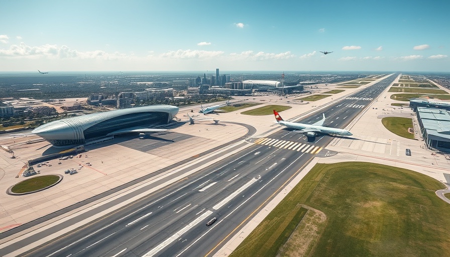 Aerial view of international airports with city skyline.