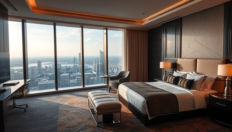 Luxurious hotel room with city view for traveling on a budget.