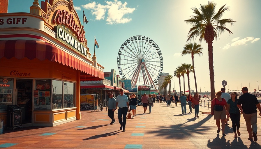 Vibrant boardwalk scene with a gift shop and Ferris wheel
