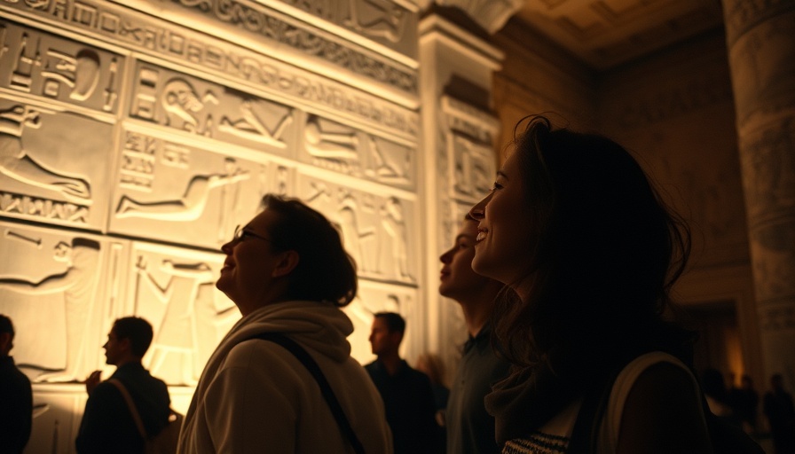 Tourists exploring Egyptian temple with hieroglyphics, dimly lit.