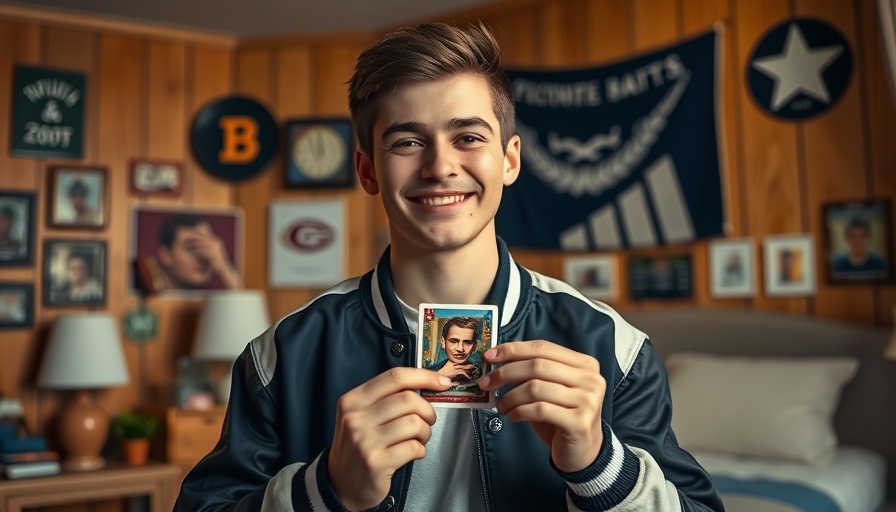 Young man with NFL collectible card in a cozy sports-themed room.