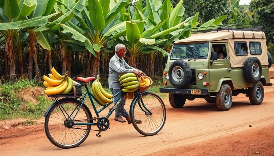 Budget travel in Uganda: vibrant rural market with bananas and jeep.