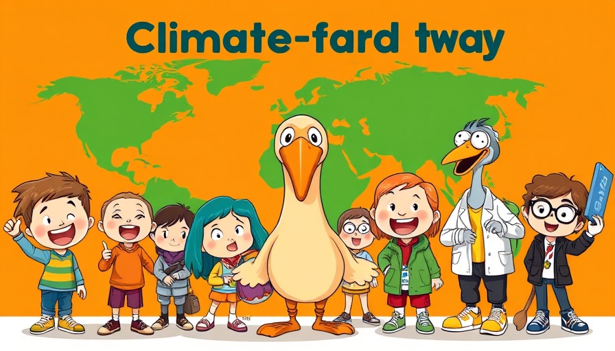 Cartoon characters promoting green global travel for kids.