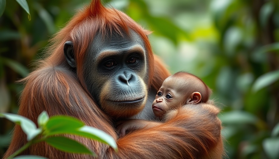 Gentle orangutan mother holding baby in Borneo rainforest.