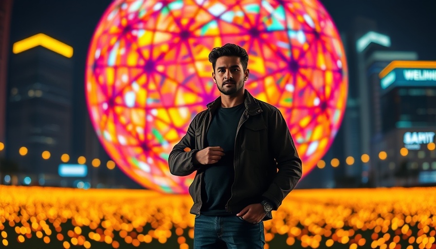 Man at cultural event with vibrant illuminated sphere.