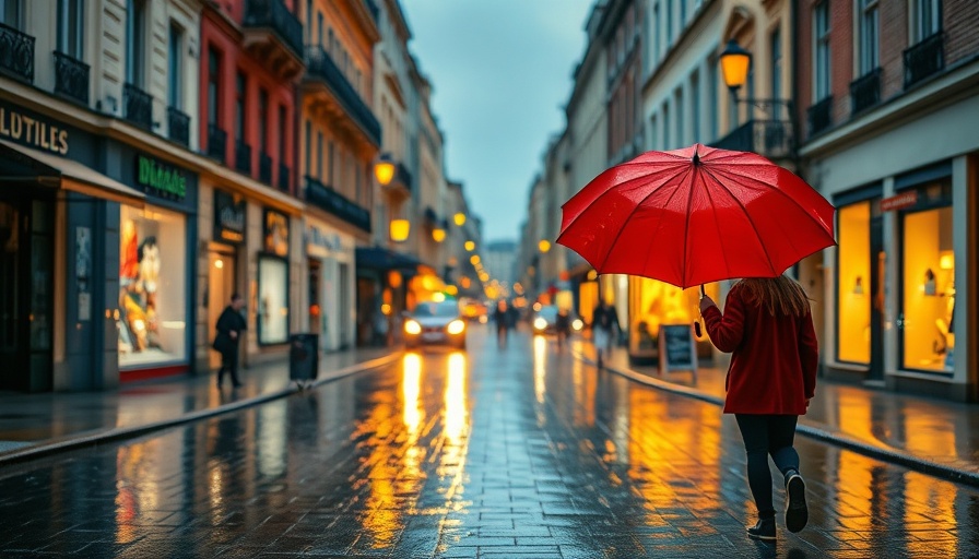 Person with red umbrella walking in a rainy European street at night.