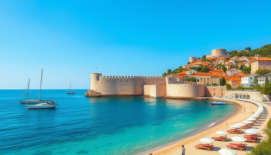Scenic view of Dubrovnik's historic walls and beach, highlighting overtourism.