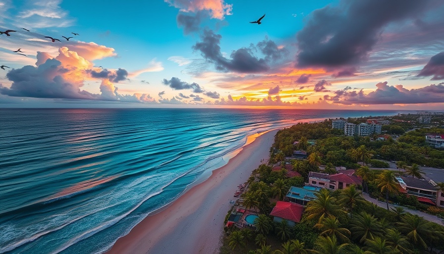 Aerial view of Cancun beach with turquoise waters at sunset.
