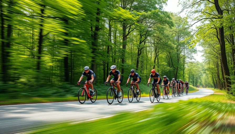 Group of cyclists on a travel adventure in a lush green forest road.