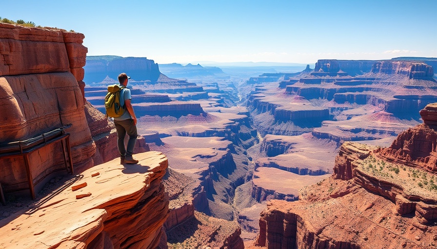 Traveler on cliff edge overlooking canyon, common travel scenes.