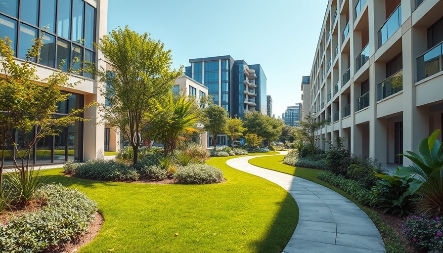 Tranquil urban garden path in modern cityscape.