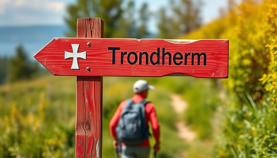 Trondheim camino sign with blurred hiker in a cool camino setting.
