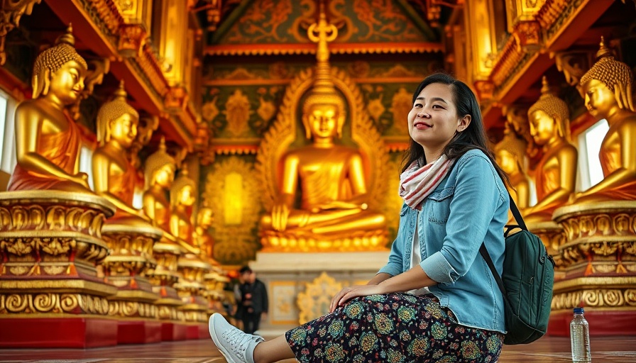Woman traveling solo in Bangkok temple with Buddha statues.