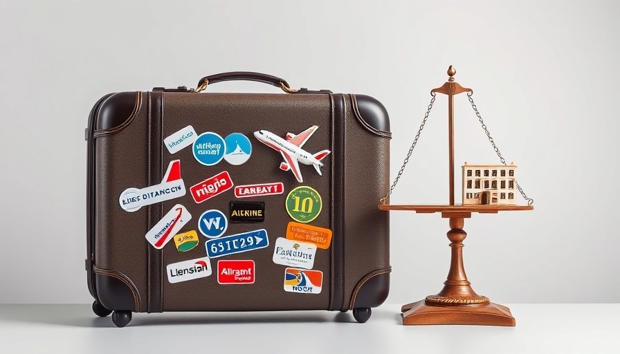 Traveling on a budget concept with suitcase and balance scale showing travel icons.