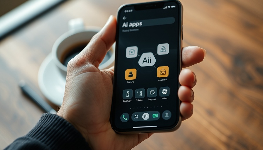 Modern smartphone displaying AI apps, coffee in background.