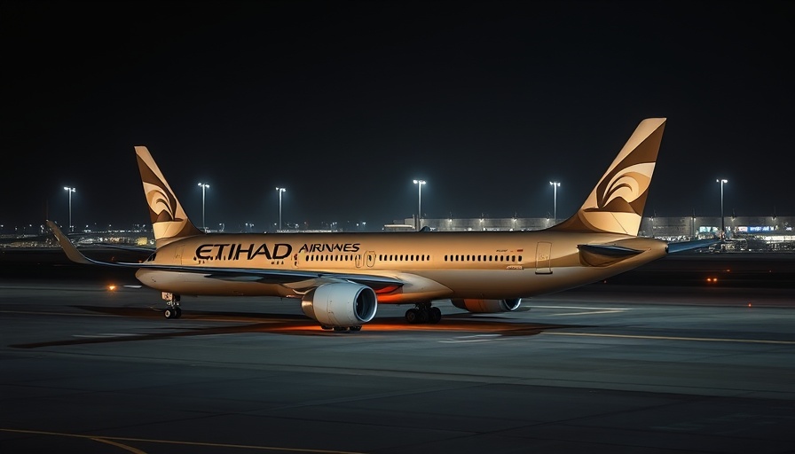 Etihad Airways plane on night runway at Abu Dhabi airport.