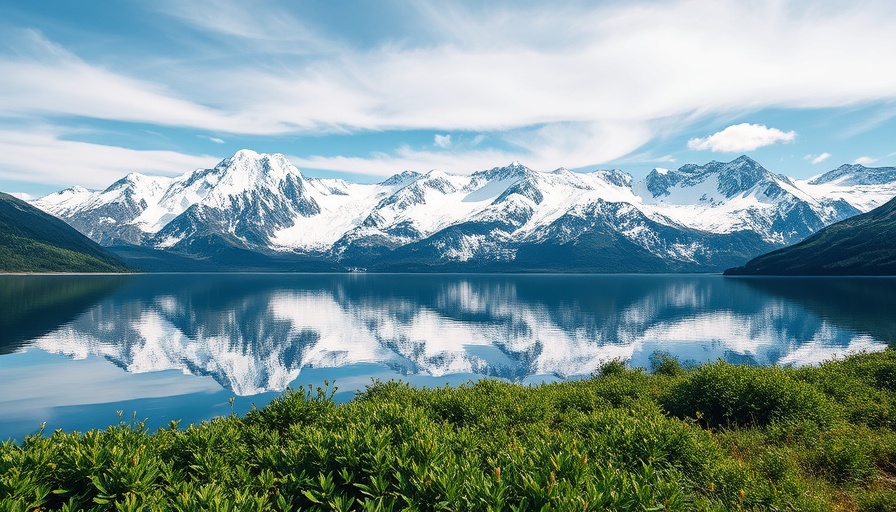 Alpine lake reflecting mountains, serene outdoor adventure scene.