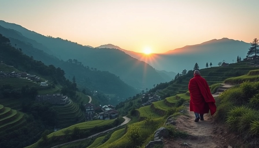 Peaceful mountain valley at sunrise with a monk by terraced fields in India.