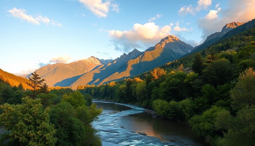Scenic travel destination with river and mountains at sunset.