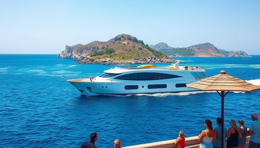 Travel on a budget in Europe, ferry near island and tourists watching.