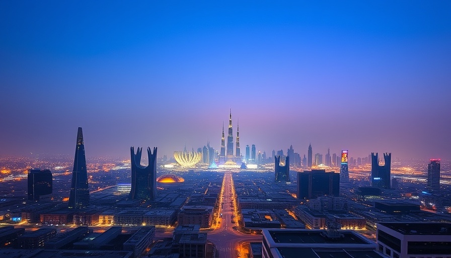 UFC Fight Night in Qatar skyline with iconic architecture, promotional image.