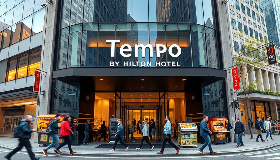 Urban scene with Tempo by Hilton reflecting city life, family travelling.