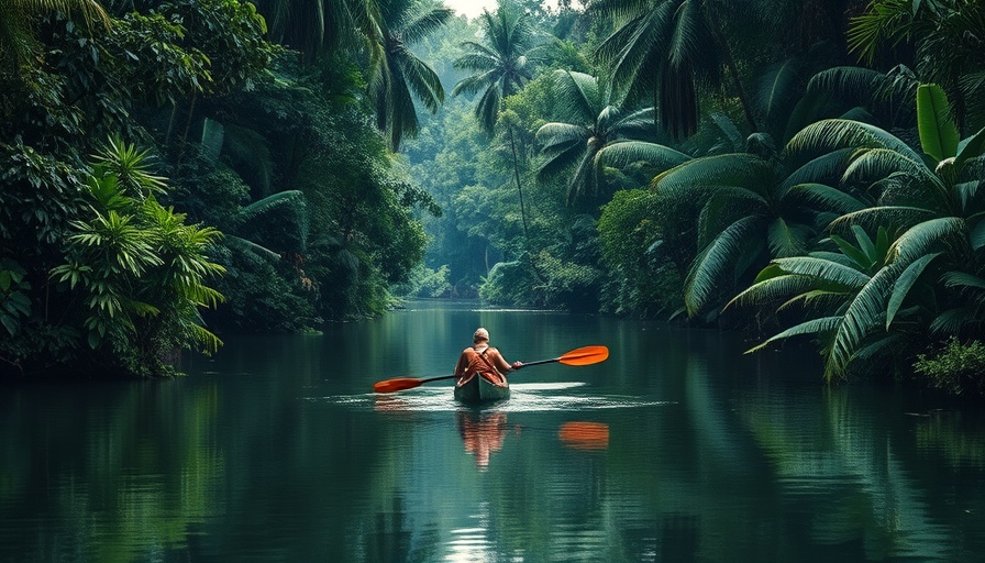 Serene jungle river scene with canoeist, lush adventure setting.